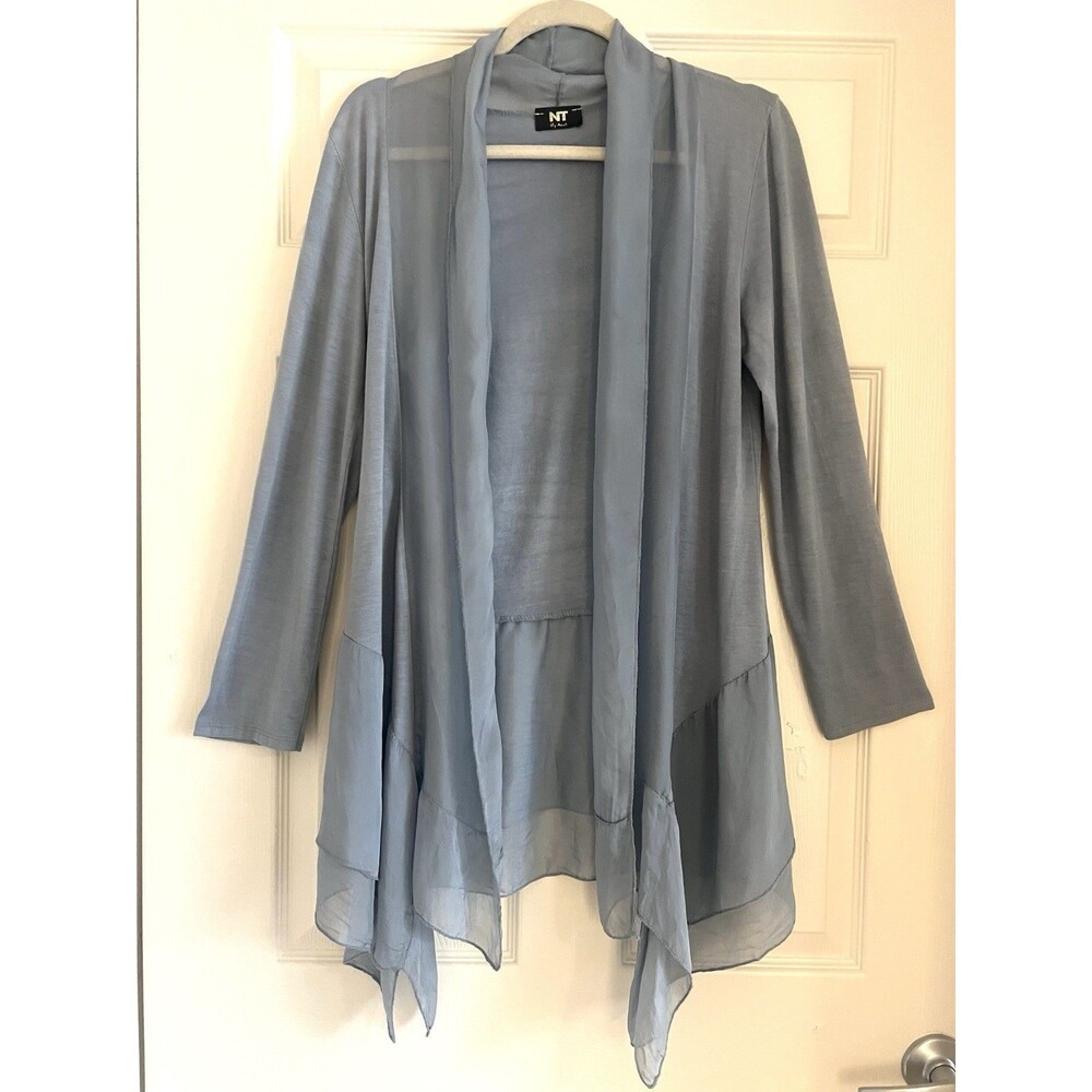 NT by Amati Italy Silk  Cardigan Ruffle kimono Sz  M Blue Coastal Grandma Chic
